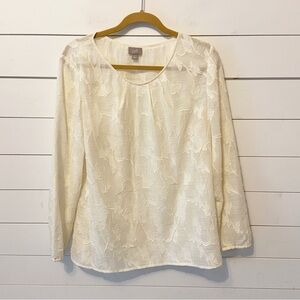 J.Jill | Sheer White Floral Long Sleeve Cotton Blend Blouse Size Large